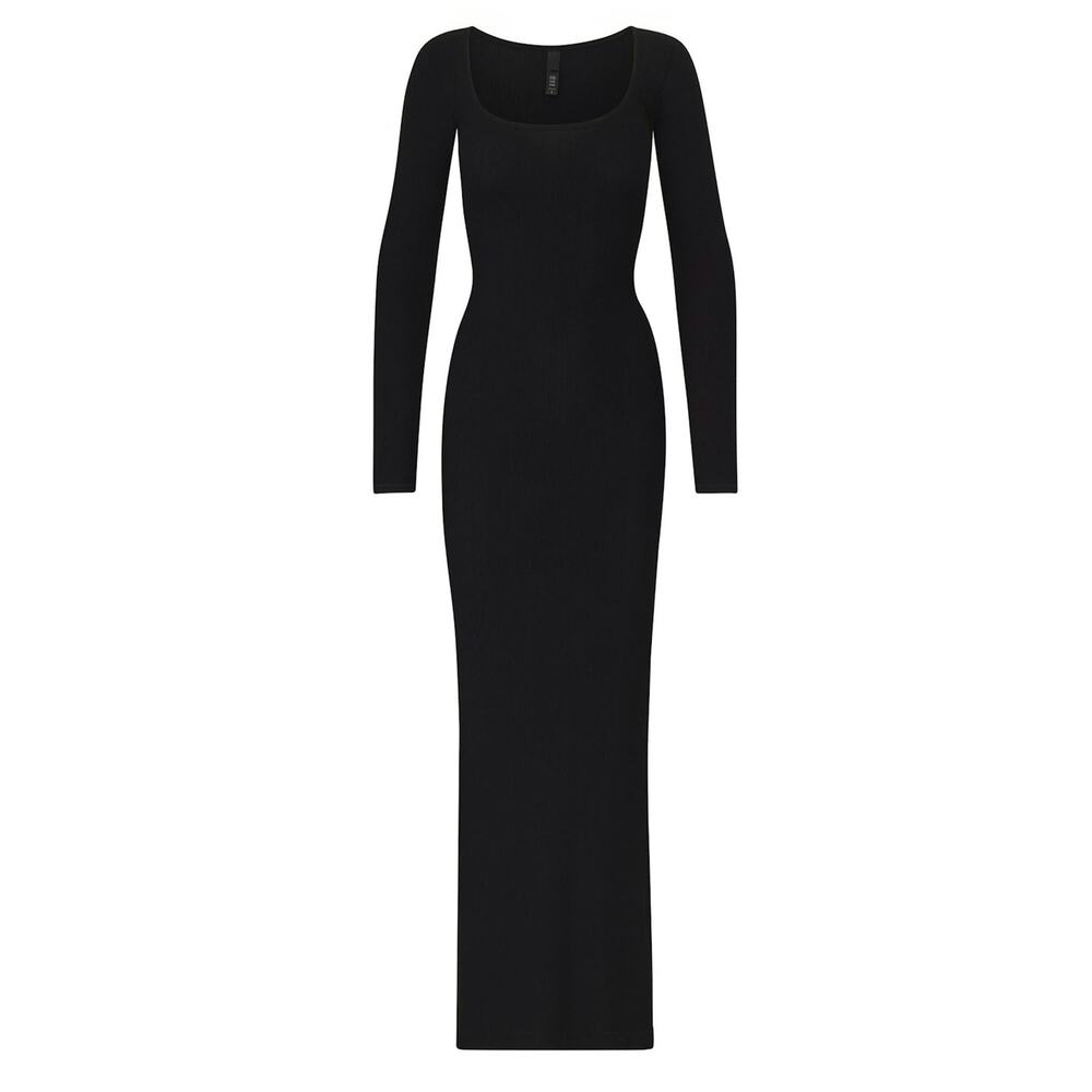 Skims Soft Lounge Long Sleeve Dress Maxi Onyx Black Size Large
